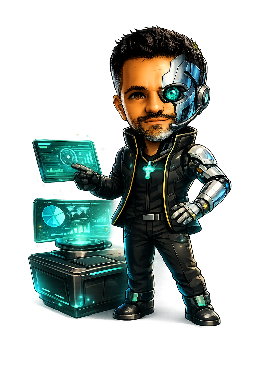 Comic Rômulo working with AI strategy dashboards