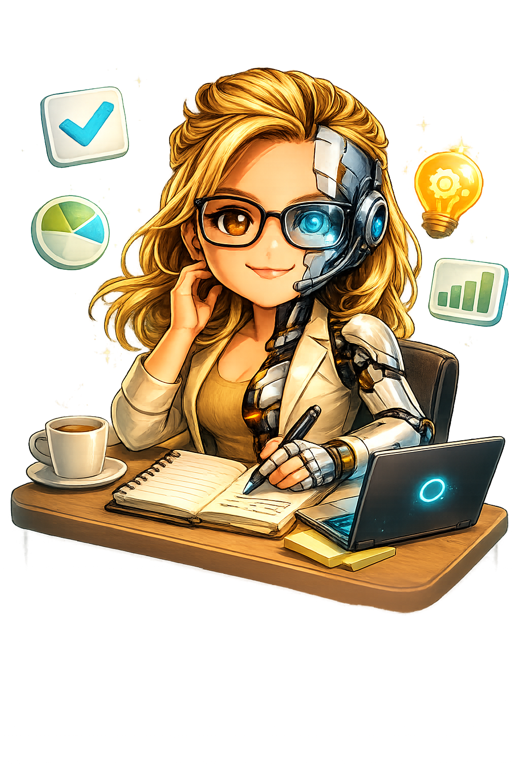 Comic Yssa planning with a notebook and laptop